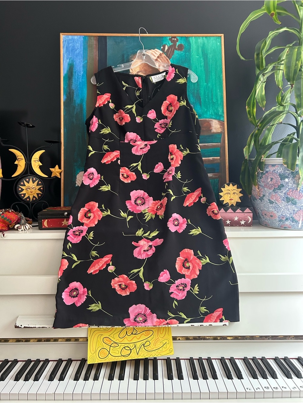 Daniel Laurent Black Pink Poppy Floral A-Line Midi Dress Size 14